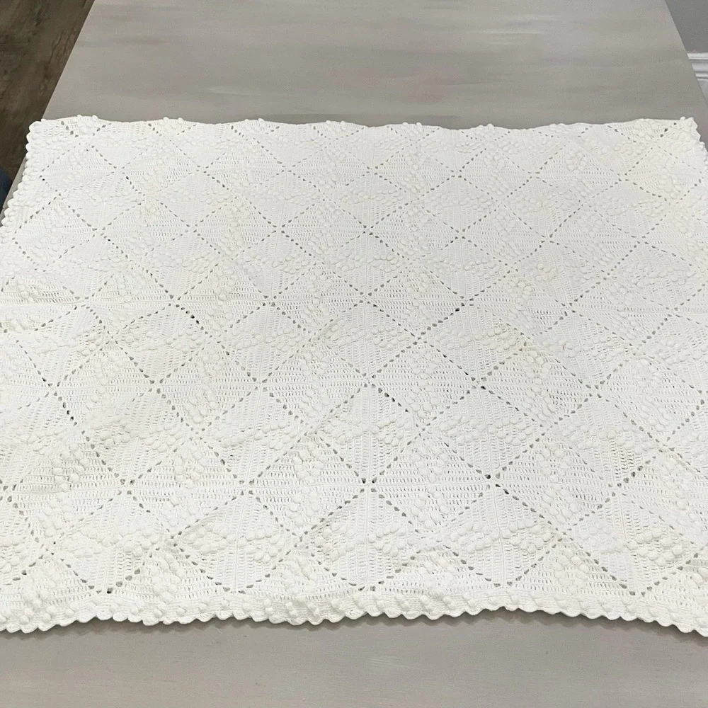 Vintage Ecru Crocheted Table/Bed Cover Popcorn Stitch Heritage Farmhouse 40x60